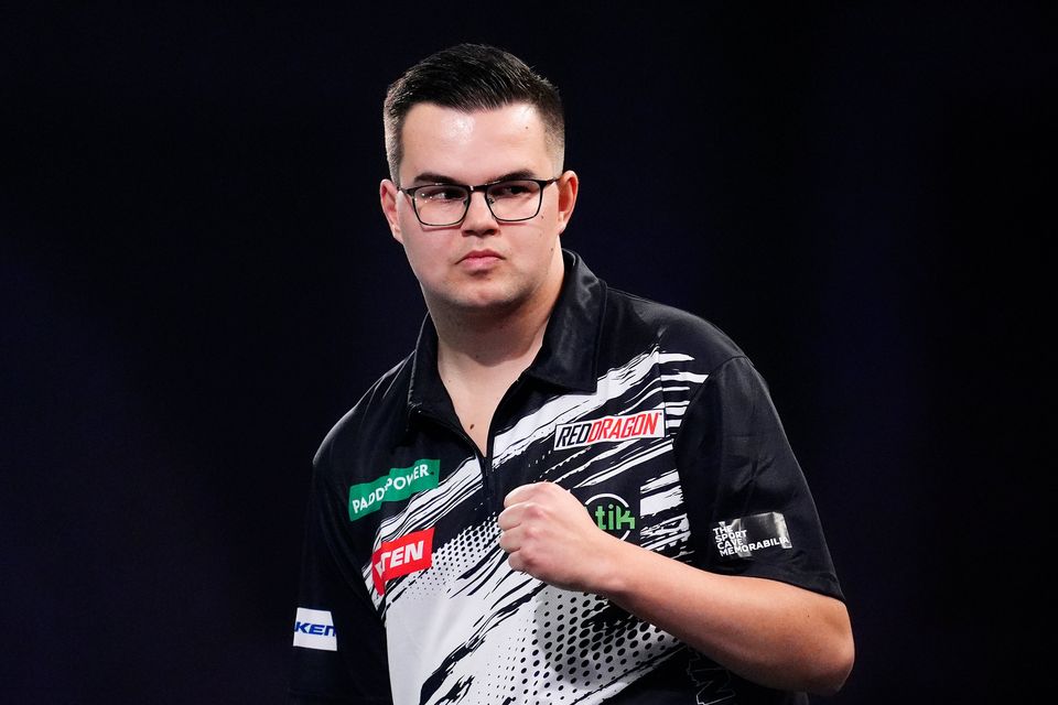 Netherlands' Gian van Veen celebrates during his match against Scotland's Gary Anderson: Adam Davy/PA Wire.